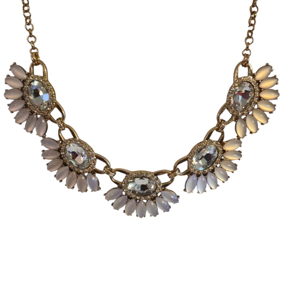 Fashion Necklace Statement Jewelry Pink Moonstones Clear Rhinestones Fancy Glam